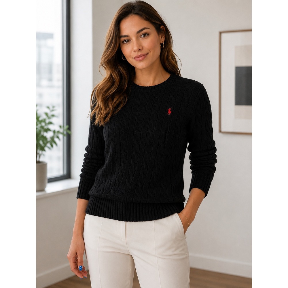 Polo Ralph Lauren Black Cable Knit Cotton Sweater Red Pony Logo Small Womens